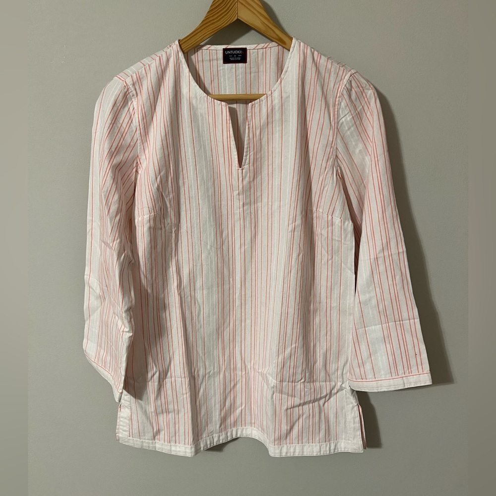 UNTUCKit Durfort Tunic Top Blouse 6 Pink Cotton Pinstripe 3/4 Sleeve